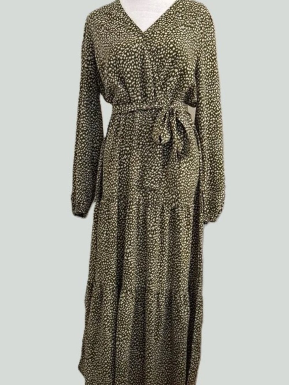 Long Sleeve Olive Floral Tiered Maxi Dress with V-Neck - Picture 6 of 9